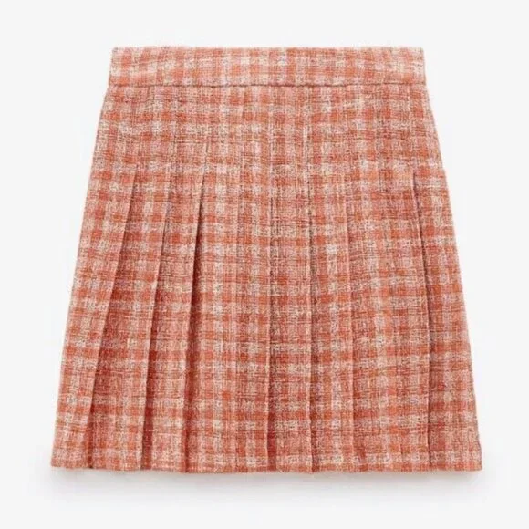 🎈HOST P 🎈 NEW ZARA Tweed Pleated Structured Mini High Waist Plaid Skirt, XXL - Picture 9 of 16